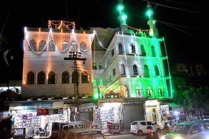 A view of the Masjid decorated with colorful lights in connection with the Rabi-ul-Awal celebrations on Court Road.