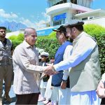 Chief Minister Gilgit-Baltistan Gulbar Khan receiving Prime Minister Muhammad Shehbaz Sharif at Gilgit Airport