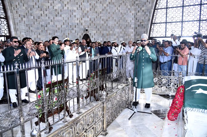 Governor Sindh, Kamran Khan Tessori and Sindh Chief Minister Syed Murad Ali Shah accompanied by his cabinet member’s, offers Fateha at the Mazar-e-Quaid commemorating the 78th Independence Day of Pakistan