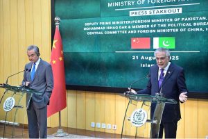 Deputy Prime Minister/Foreign Minister Senator Mohammad Ishaq Dar and Chinese Foreign Minister Wang Yi addressing a joint press stakeout at Ministry of Foreign Affairs.