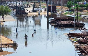 A view of railway tracks submerged in rainwater due to heavy rainfall in the city.