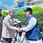 Governor Gilgit-Baltistan Syed Mehdi Shah receives Prime Minister Muhammad Shehbaz Sharif upon his arrival at Gilgit Airport