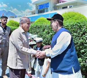 Governor Gilgit-Baltistan Syed Mehdi Shah receives Prime Minister Muhammad Shehbaz Sharif upon his arrival at Gilgit Airport