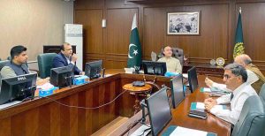 Federal Minister for Maritime Affairs, Muhammad Junaid Anwar Chaudhry presiding over a meeting, to discuss measures for reducing container dwell time at ports.