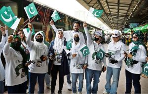 Sindhi artists perform traditional dance at the inaugural ceremony of the Special Azadi Train from Karachi to Tharparkar, held to mark Independence Day and Marka-e-Haq celebrations