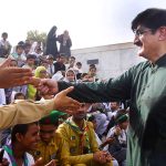 Sindh Chief Minister Syed Murad Ali Shah interacts with schoolchildren at the Mazar-e-Quaid commemorating the 78th Independence Day of Pakistan