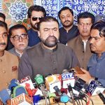 Chief Minister Balochistan Sarfraz Bughti talking to media persons during 282nd Urs celebrations of Hazrat Shah Abdul Latif Bhitai