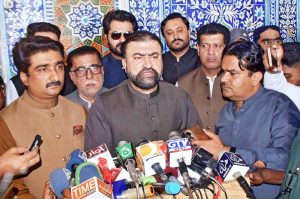 Chief Minister Balochistan Sarfraz Bughti talking to media persons during 282nd Urs celebrations of Hazrat Shah Abdul Latif Bhitai