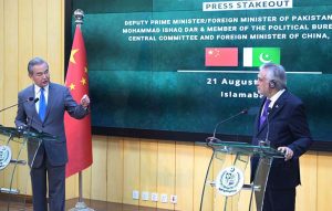 Deputy Prime Minister/Foreign Minister Senator Mohammad Ishaq Dar and Chinese Foreign Minister Wang Yi addressing a joint press stakeout at Ministry of Foreign Affairs.