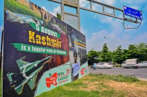 A view of banners and panaflexes installed along the Expressway in the Federal Capital, condemning India’s illegal and unilateral actions of August 5, 2019, in Indian Illegally Occupied Jammu and Kashmir (IIOJK), in observance of Youm-e-Istehsal Kashmir (Kashmir Exploitation Day).