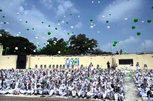 Students participating in rally in connection with Marka-e-Haq and the 78th Independence Day of Pakistan celebrations at Lok Virsa organized by Pakistan Girls Guide Association (Islamabad chapter).