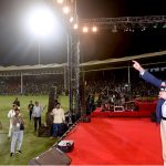 Sindh Chief Minister Syed Murad Ali Shah addresses the Maarka e Haq ceremony commemorating the 78th Independence Day of Pakistan last late night at the National Stadium