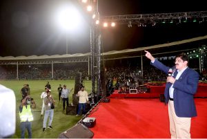 Sindh Chief Minister Syed Murad Ali Shah addresses the Maarka e Haq ceremony commemorating the 78th Independence Day of Pakistan last late night at the National Stadium