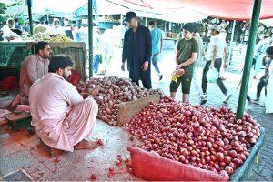 A vendor arranging and displaying seasonal fruits to attract the customers at Aabpara Sunday Bazaar in the Federal Capital.