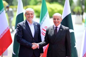 Prime Minister Muhammad Shehbaz Sharif receives the President of Iran H.E. Dr. Masoud Pezeshkian at the Prime Minister's House