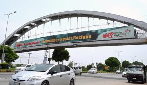 A view of banners and panaflexes installed along the Expressway in the Federal Capital, condemning India’s illegal and unilateral actions of August 5, 2019, in Indian Illegally Occupied Jammu and Kashmir (IIOJK), in observance of Youm-e-Istehsal Kashmir (Kashmir Exploitation Day).