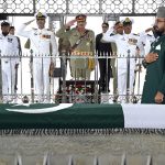 Corps Commander Karachi Lieutenant General Muhammad Avais Dastgir saluting after laying floral wreath and offering fateha at Mazar-e-Quaid in tribute to the Father of the Nation Quaid-e-Azam Muhammad Ali Jinnah during the 78th Independence Day of Pakistan celebrations