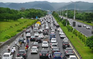 A view of long queues of vehicle at Islamabad Expressway due to massive traffic jam during peak hours.