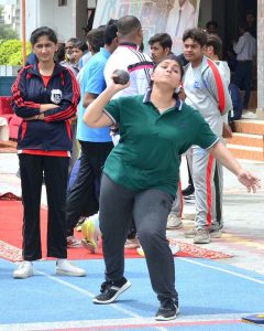 Player participate in short put throw competition during Independence Day Marka-e-Haq celebration Athletes Championship at Public School, Sports Complex.