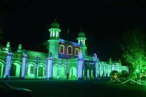 An illuminated view of the District Council building decorated with colorful lights in connection with the Independence Day celebrations.