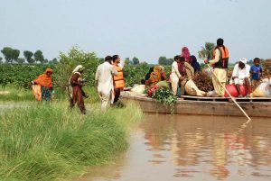 Rescue 1122 officials are helping people board boats to evacuate them from flood-hit areas after a breach in the Sutlej River inundated hundreds of acres of land in Bahawalpur. Flash floods have submerged standing crops in areas including Dera Bakha, Basti Lala Dera, and Mari Qasim Shah