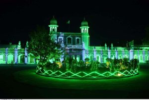 An illuminated view of the District Council building decorated with colorful lights in connection with the Independence Day celebrations.