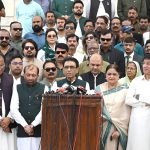 Federal Minister Education and Chairman of the MQM Pakistan Dr Khalid Maqbool Siddiqui along with Party MNA,s and MPA talking to media at the Mazar-e-Quaid after offering fateha and to pay tribute to the Father of the Nation Quaid-e-Azam Muhammad Ali Jinnah on the occasion the 78th Independence Day of Pakistan celebrations