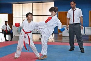 Players are participating in the Inter-Club District Karate Championship organized by the District Sports Department, Sargodha on the occasion of Independence Day at the Sports Gymnasium.