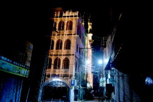 An illuminated view of Haji Shah Masjid during the month of Rabi-ul-Awwal at Saddar