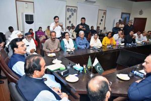Chairman Senate Syed Yusuf Raza Gilani chairing a meeting with members of the Pakistan Federal Union of Journalists (PFUJ) at the South Punjab Secretariat
