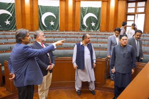 French Consul General Alexis Chahtahtinsky is being briefed by Speaker Awais Qadir Shah during his visit to Sindh Assembly building