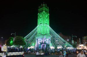 An illuminated view of the District Council building decorated with colorful lights in connection with the Independence Day celebrations.