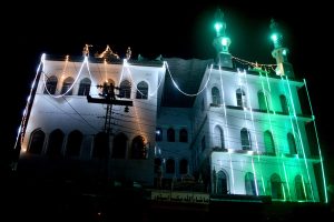 An illuminated view of Haji Shah Masjid during the month of Rabi-ul-Awwal at Saddar