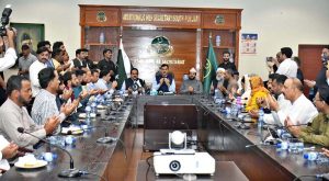 Chairman Senate Syed Yusuf Raza Gilani chairing a meeting with members of the Pakistan Federal Union of Journalists (PFUJ) at the South Punjab Secretariat