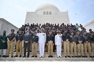 A group photo Sindh Inspector General of Police (IGP) Ghulam Nabi Memon along with Additional Inspector General Karachi Police Javed Alam Odho, DIG’s SSP’s and others officials after laying floral wreath on the grave of Quaid-e-Azam Muhammad Ali Jinnah to mark the 78th Independence Day of Pakistan at Mazar-e-Quaid