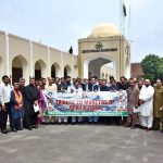 Chairman Senate, Syed Yusuf Raza Gilani leading a rally organized by the Pakistan Federal Union of Journalists (PFUJ) to pay tribute to the martyrs of PFUJ and Gaza outside the South Punjab Secretariat
