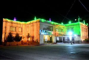 A view of the Revenue Department building illuminated with colorful lights on the upcoming occasion of Independence Day celebrations.