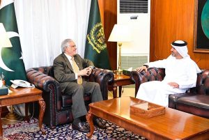 Ambassador of the United Arab Emirates, Hamad Obaid Ibrahim Salem Al-Zaabi, calls on Deputy Prime Minister and Foreign Minister, Senator Mohammad Ishaq Dar, in federal capital.