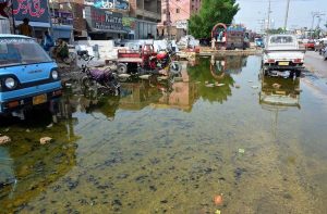 Sewerage water stagnates on Makki Shah Road, causing inconvenience for commuters in Hyderabad.