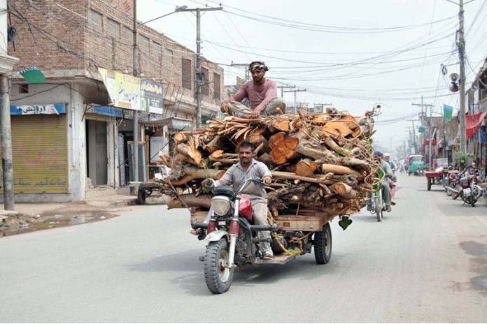 A person sitting on chopped wood loaded on tricycle loader on the way