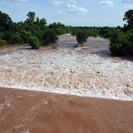 A view of the increased water level in Korang Nullah adjacent to Rawal Dam, where spillways have been opened as a precautionary measure due to rising water levels in the dam