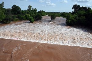 A view of the increased water level in Korang Nullah adjacent to Rawal Dam, where spillways have been opened as a precautionary measure due to rising water levels in the dam
