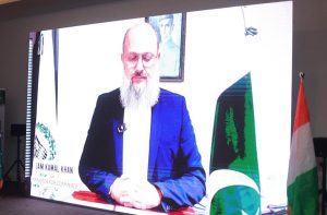 Federal Minister for Commerce Jam Kamal Khan addressing participants of the Pakistan Rice Road Show 2025 in Abidjan through video link, emphasizing Pakistan's commitment to building long-term trade partnerships with West Africa.
