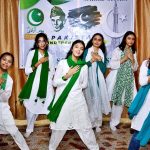 Students are performing tableau during program at Royal School System in connection with 78th Independence Day and Maarka-e-Haq celebrations
