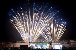 An eye catching view of fireworks at midnight in Qayum Sports Complex to celebrate the 78th Independence Day of Pakistan