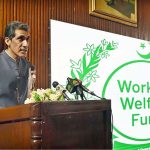 Minister of State for Overseas Pakistanis and Human Resource Development, Aun Muhammad Ch., delivers opening remarks at the Marka-e-Haq and 78th Independence Day celebrations organized by the Workers Welfare Fund at the National Library Auditorium