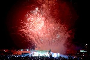 An eye catching view of fireworks at midnight in Qayum Sports Complex to celebrate the 78th Independence Day of Pakistan