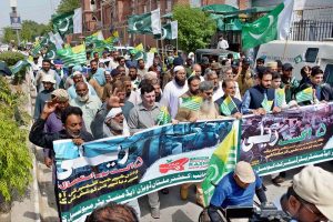 Deputy Commissioner Waseem Hamid Sindhu leads a Youm-e-Istehsal Kashmir rally organized by the District Government, condemning India’s illegal and unilateral actions.