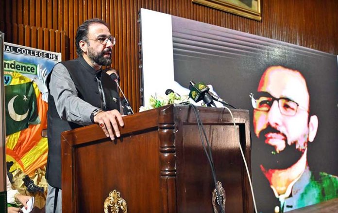 Federal Minister for Overseas Pakistanis and Human Resource Development, Chaudhry Salik Hussain addressing Marka-e-Haq & 79th Independence Day Celebration organized by Workers Welfare Fund at National Library Auditorium