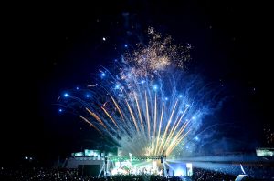 An eye catching view of fireworks at midnight in Qayum Sports Complex to celebrate the 78th Independence Day of Pakistan